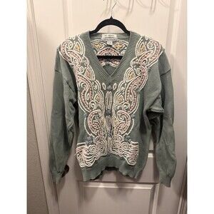 Vintage Izod Club Sweater Large 100% Cotton Hand Embroidered Sage Green Pastel